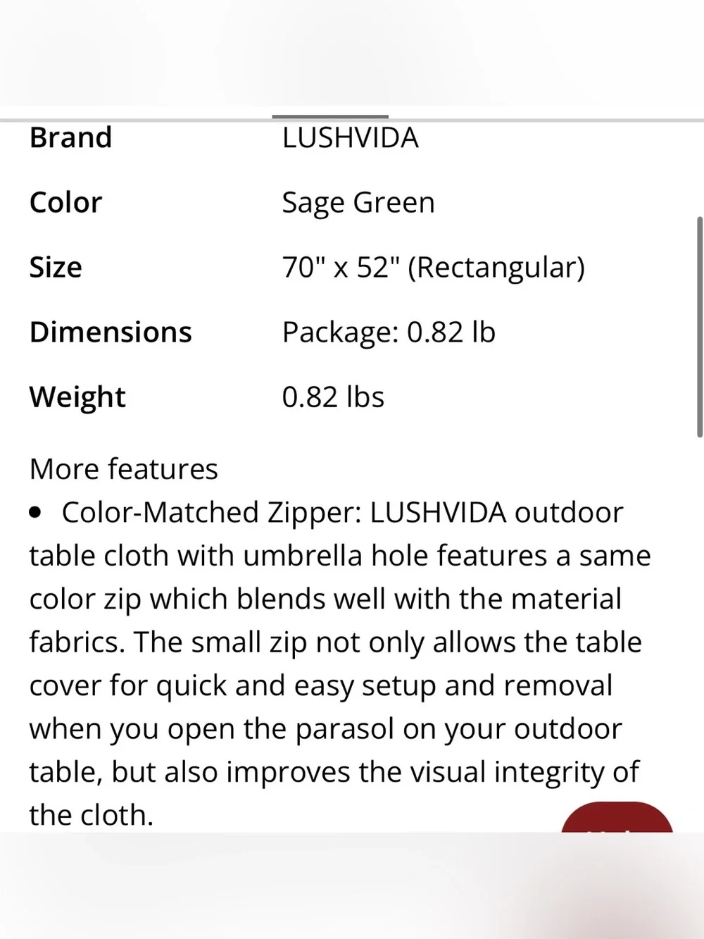 OUTDOOR Tablecloth with Umbrella Hole & Matching Zipper 70x52” SAGE GREEN